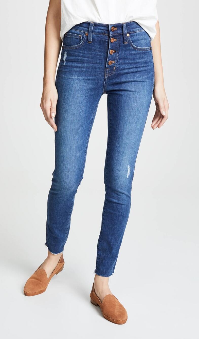 Madewell 10" High Rise Skinny Jeans 25 Button Front Raw Hem Distressed